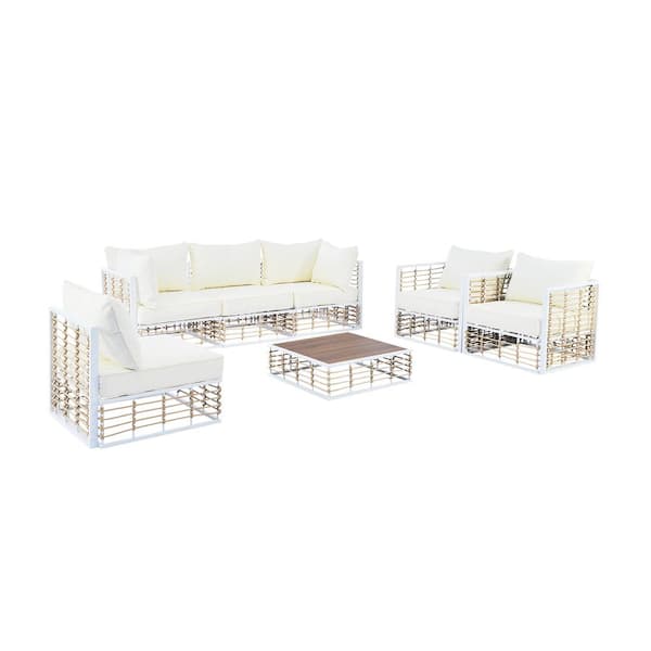 Unbranded 7-Piece Metal and All-Weather Rattan Weave Outdoor Patio Sectional Sofa Set with Ivory Cushions and Pillows