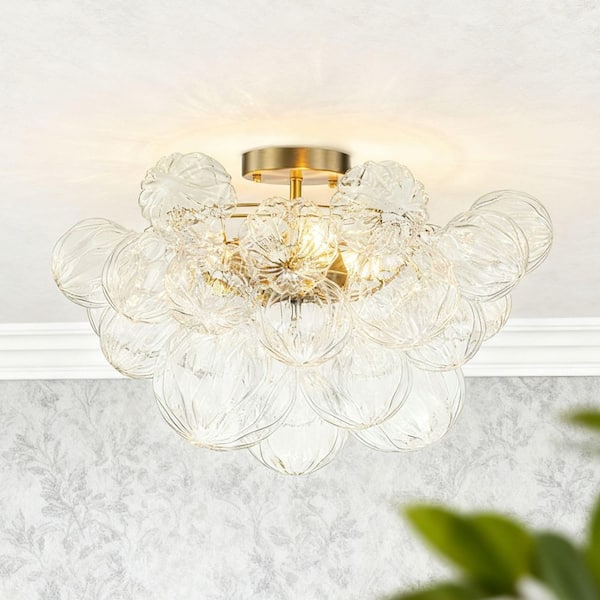 HUOKU Neuvy 3-Light 20.9 in.W Brushed Gold Modern Semi-Flush Mount Chandelier with Ribbed Water Twisted Textured Glass Shades