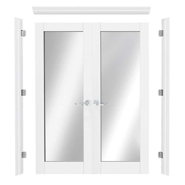 60 in. x 80 in. Full Lite Mirrored Glass Universal White Wood Double Prehung French Door w/ Quick Assemble Jamb & Handle