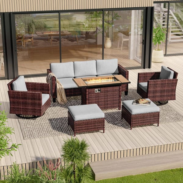 6-Pieces Patio Conversation Set with Rectangle Fire Pit Table and Swivel Rocking Chairs, Brown Wicker Linen Gray Cushion