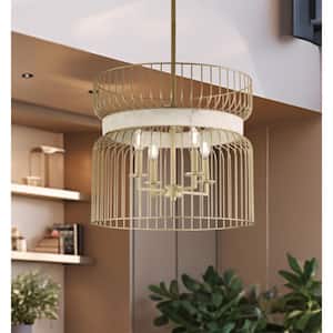 Park Slope 60-Watt 4-Light Nouveau Gold Cage Pendant Light with Faux Alabaster Ring and No Bulbs Included