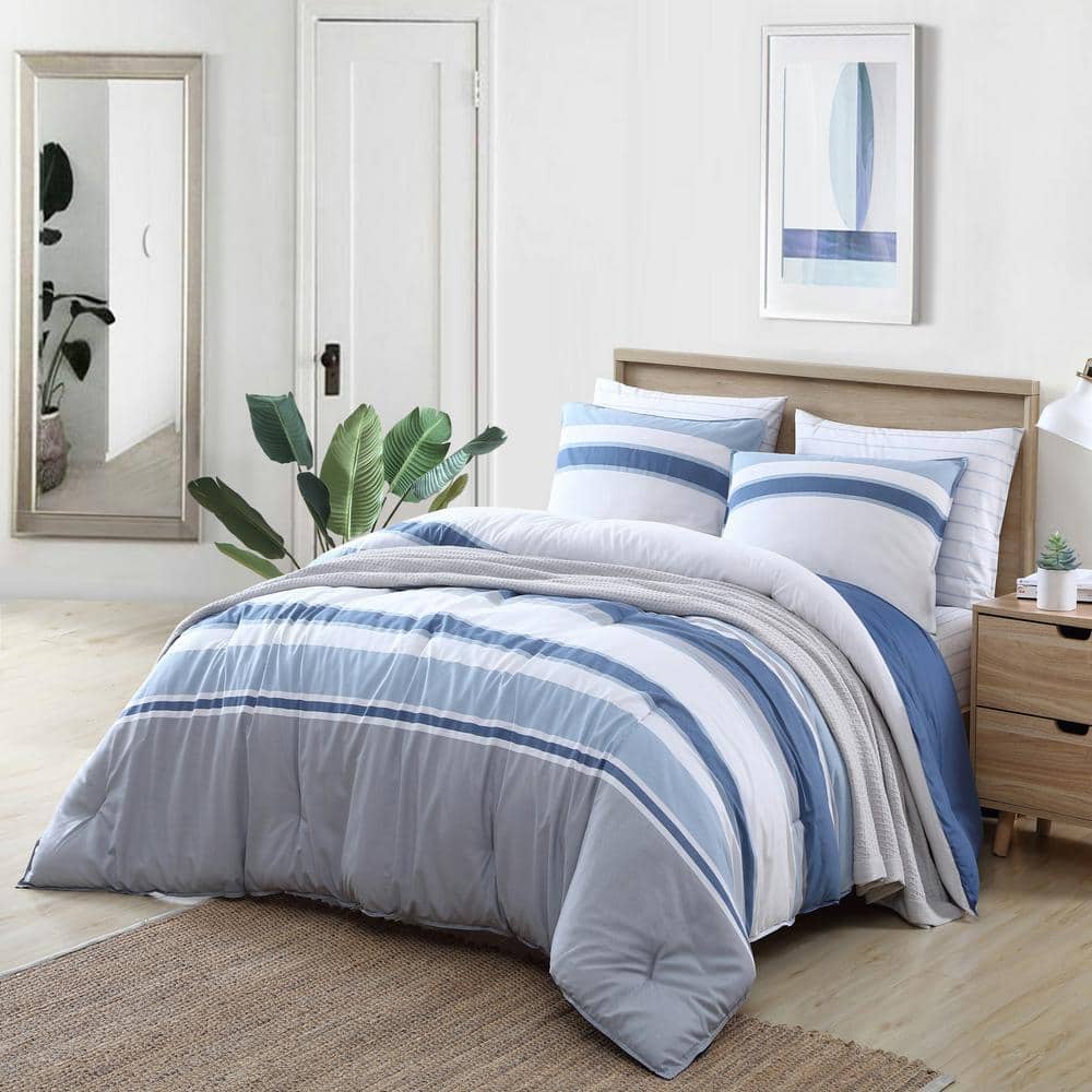 Litanika Full Size Comforter Set for Bed Grey&Blue Striped