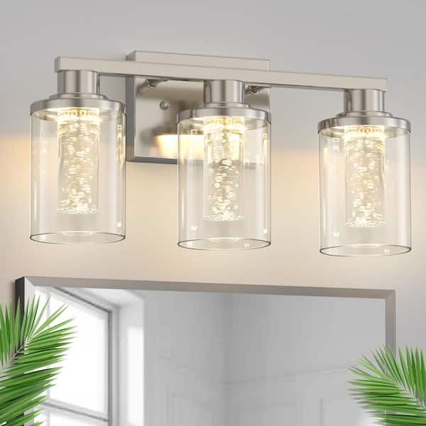 17 in. 3-Light Brushed Nickel LED Bathroom Vanity Light 5CCT Dimmable with Remote Control Crystal Bulbs