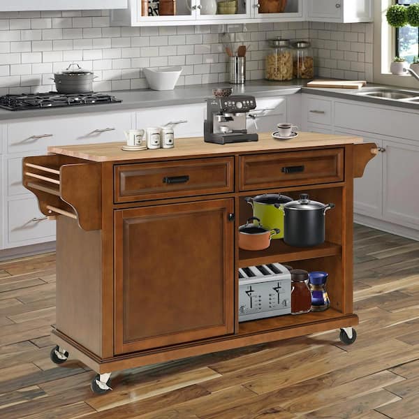 Staykiwi Mahogany Solid Wood Kitchen Cart with Drop Leaf, Spice Rack, Towel Rack and 2- Drawers