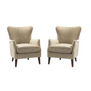 Leonhard Beige Floral Fabric Pattern Wingback Design Armchair with English Arms Set of 2