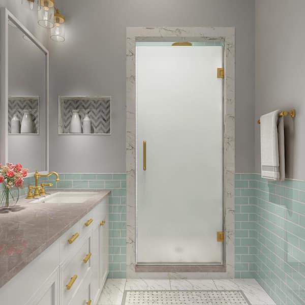 Aston Kinkade XL 24.75 in. - 25.25 in. x 80 in. Frameless Hinged Shower Door with Ultra-Bright Frosted Glass in Brushed Gold