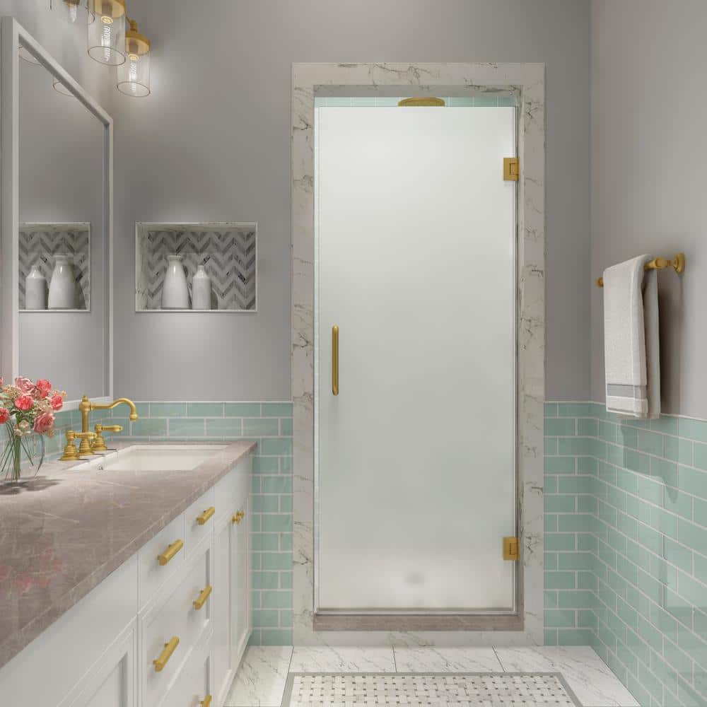 Kinkade XL Brushed Gold Frameless Hinged Shower Door with Frosted Glass