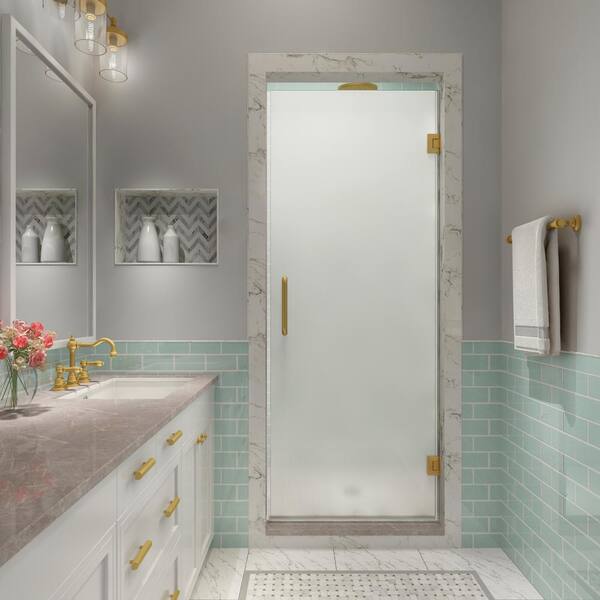 Aston Kinkade XL 30.75 in. - 31.25 in. x 80 in. Frameless Hinged Shower Door with Ultra-Bright Frosted Glass in Brushed Gold