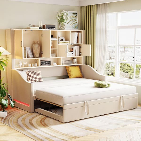 All-in-One Beige Twin Size Wood Daybed with Movable Pull-Out Lift-Up Twin Trundle, Cabinets, Shelves, LED Lighting