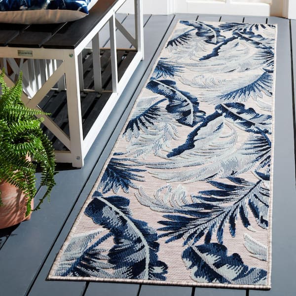 Cabana Beige/Navy 2 ft. x 9 ft. High-Low Leaf Indoor/Outdoor Runner Rug