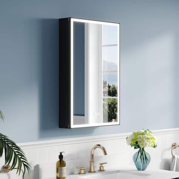ANGELES HOME 20.01 in. W x 30 in. H Rectangular Black Aluminum Recessed/Surface Mount LED Medicine Cabinet with Mirror, Right Hinge
