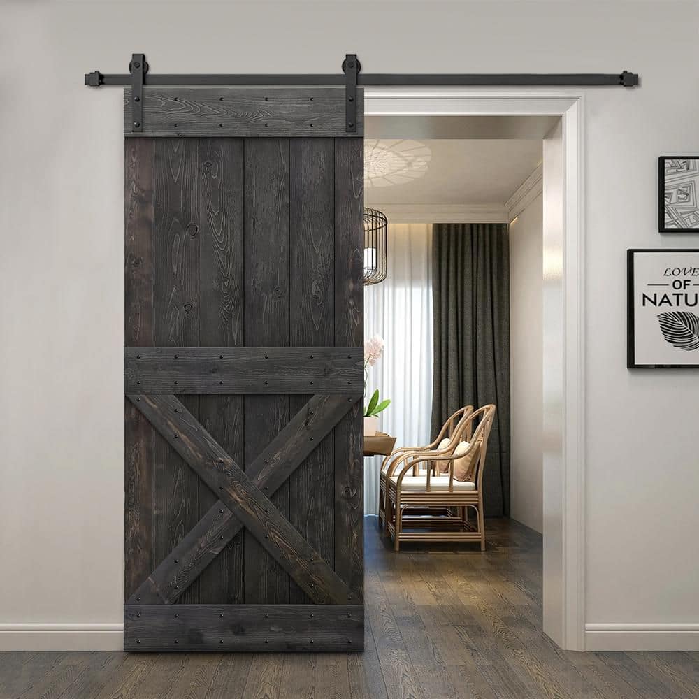 Charcoal Black Knotty Pine Sliding Barn Door with Matte Black Hardware Kit