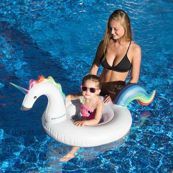Swimline White Vinyl Oval Inflatable Unicorn Baby Floating Lounger Raft Float for Swimming Pool
