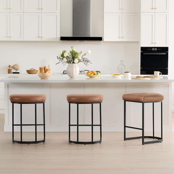 Marcus 26 in. Brown Faux Leather Curved Metal Bar Stool with Semi-Circular Seat Cushion Compact for Kitchen Set of 3