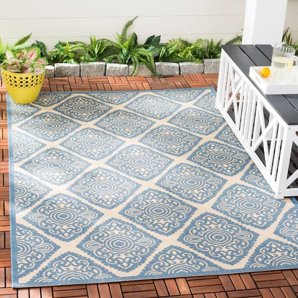 Beach House Cream/Blue 9 ft. x 12 ft. Medallion Indoor/Outdoor Patio  Area Rug