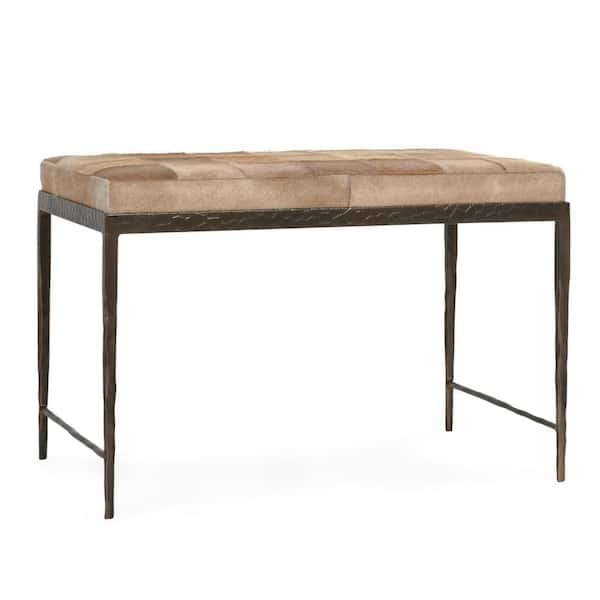 Benjara Leif Blonde Brown and Dark Bronze Leather Rectangle Accent Ottoman