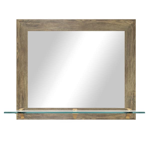 Unbranded 25.5 in. W x 21.5 in. H Rectangle Brown Horizontal Framed Mirror With Tempered Glass Shelf/Brass Brackets