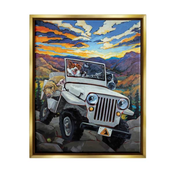 The Stupell Home Decor Collection Dogs Off-Roading Desert Drive Mountain Sunset by CR Townsend Floater Frame Animal Wall Art Print 31 in. x 25 in.