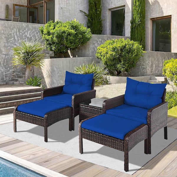 ANGELES HOME 5-Piece Wicker PE Rattan Patio Conversation Set Sofa Ottoman with  Removable Navy Cushions
