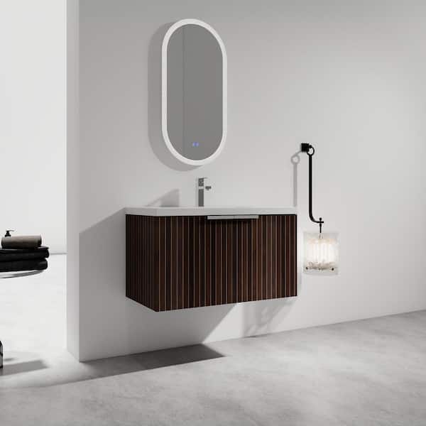 Elegant 36 in. W x 18.1 in. D x 20.5 in. H Floating in Silver-Brown Stripe Bath Vanity with White Resin Top