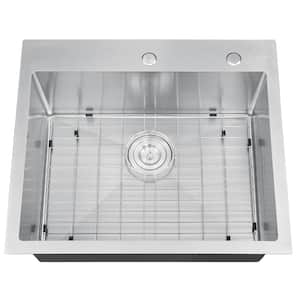 Handmade Stainless steel 25 in. Single Bowl Top Mount Scratch-Resistant Nano Drop-in Kitchen Sink With Bottom Grid