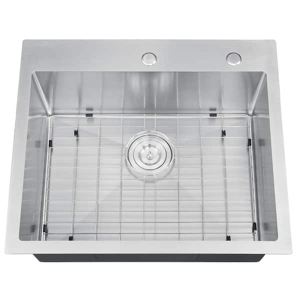 Handmade Stainless steel 25 in. Single Bowl Top Mount Scratch-Resistant Nano Drop-in Kitchen Sink With Bottom Grid