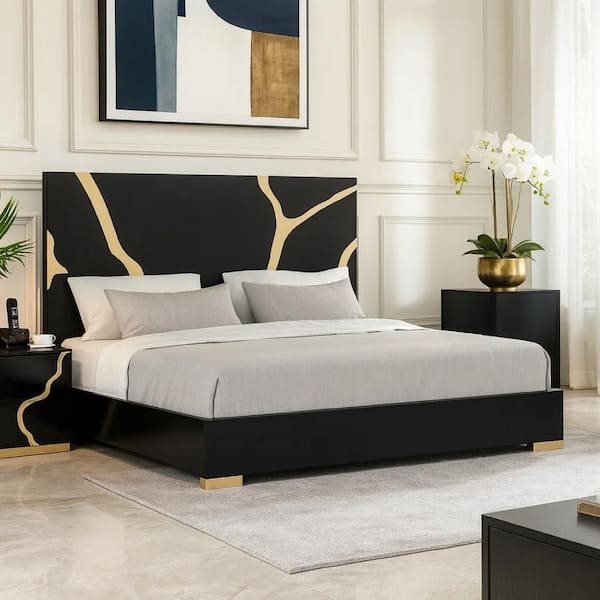 Goldie Black and Gold Wood Frame King Platform Bed with Headboard