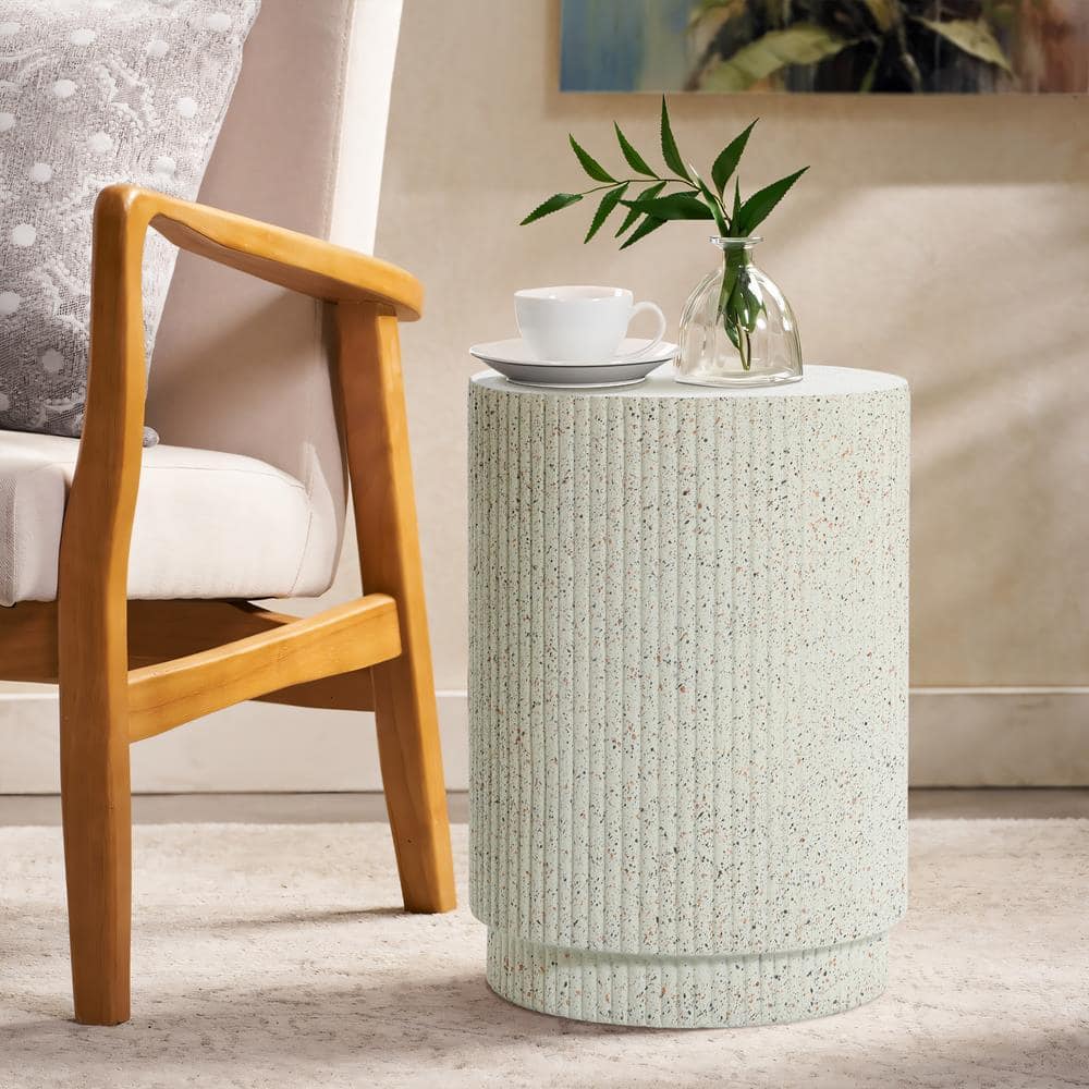 Ivory White Cement Round Outdoor Side Table with Gray Flecks
