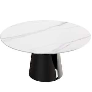 59.05 in. Round White Sintered Stone Top Black Carbon Steel Pedestal Base Dining Table (Seats-8)