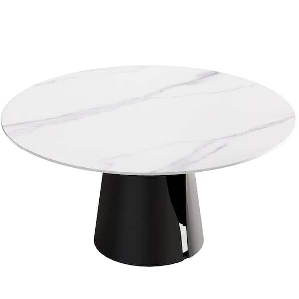 Magic Home 59.05 in. Round White Sintered Stone Top Black Carbon Steel Pedestal Base Dining Table (Seats-8)