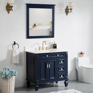 36 in. W x 22 in. D x 35 in. H Single Sink Bath Vanity in Navy Blue with White Stain-Resistant Quartz Top and Mirror