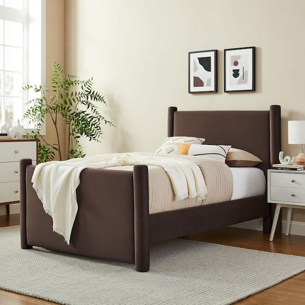 MODWAY Rael Brown Wood Frame Twin Platform Bed with Upholstered Headboard and Footboard