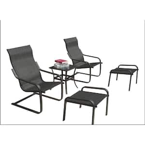 5-Piece Dark Gray Metal Patio Outdoor Bistro Set with Ottoman and Quick Dry Textile for Porch Deck Yard Garden Lawn