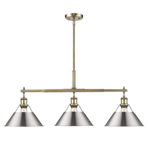 Golden Lighting Orwell 3-Light Aged Brass with Pewter Linear Pendant Shade