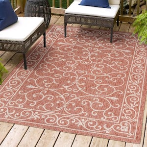 Charleston Vintage Filigree Red/Beige 3 ft. 1 in. x 5 ft. Textured Weave Indoor/Outdoor Area Rug