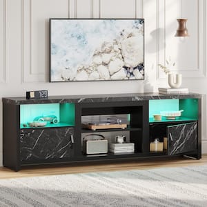 70 in. Black Marble LED TV Stand Fits TV's Up to 80 in. Entertainment Center with Cabinets and Removable shelf