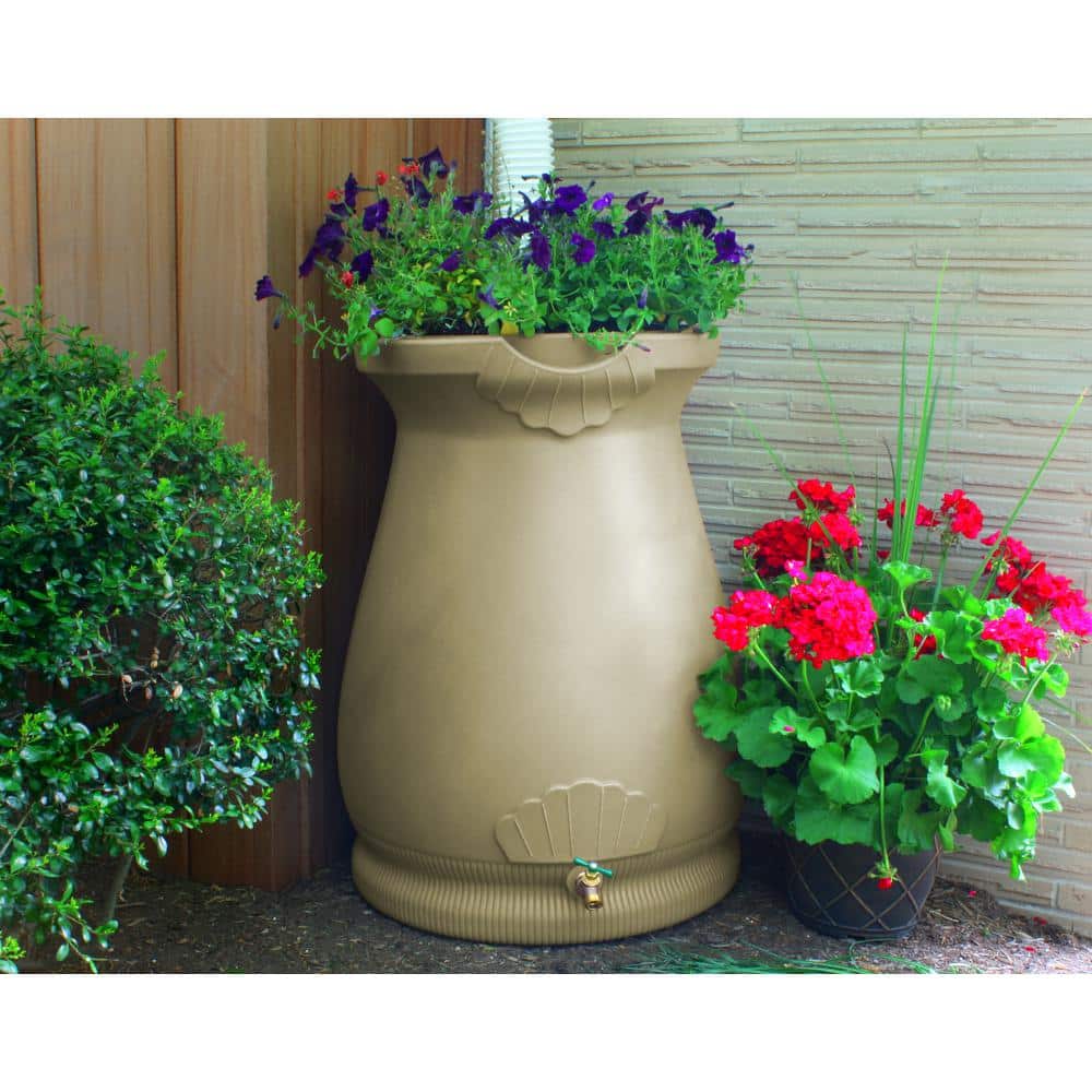 Khaki 65-Gallon Plastic Resin Rain Barrel Urn