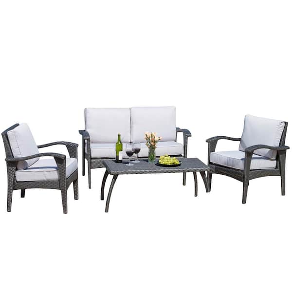 Honolulu Grey 4-Piece Faux Rattan Patio Conversation Set with Grey Cushions