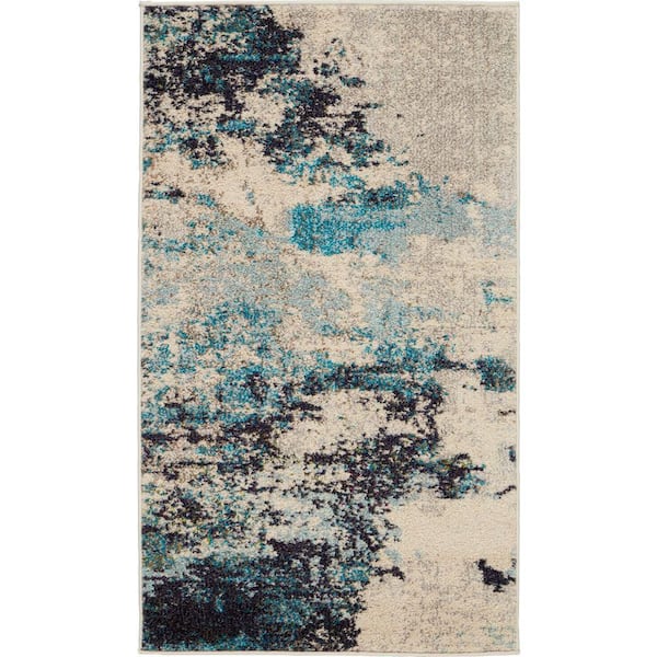 Celestial Ivory/Teal doormat 2 ft. x 4 ft. Abstract Modern Kitchen Area Rug