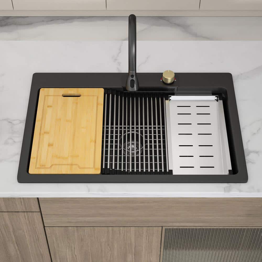 33" Matte Black Granite Composite Single Bowl Kitchen Sink with Pull Down Faucet