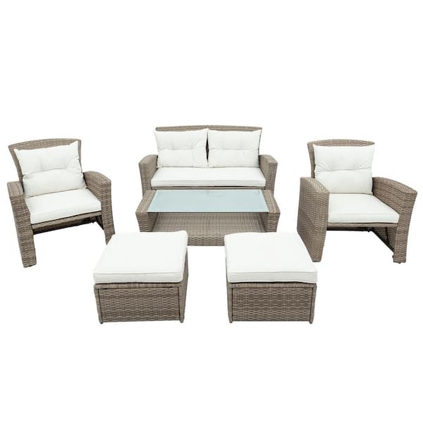 Tunearary 4-Pieces Wicker Outdoor Patio Conversation Set Sofa with Table Chair Beige Cushion