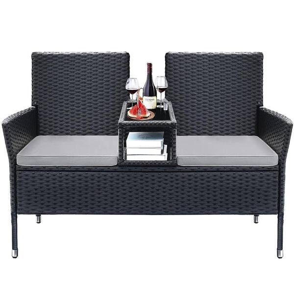 Tozey Modern Black 2-Person Rattan Wicker Patio Outdoor Loveseat with Gray Cushions