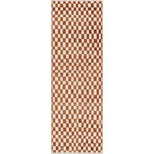 Dominique 2 ft. 6 in. x 10 ft. Orange Abstract Checkered Fringe Area Rug