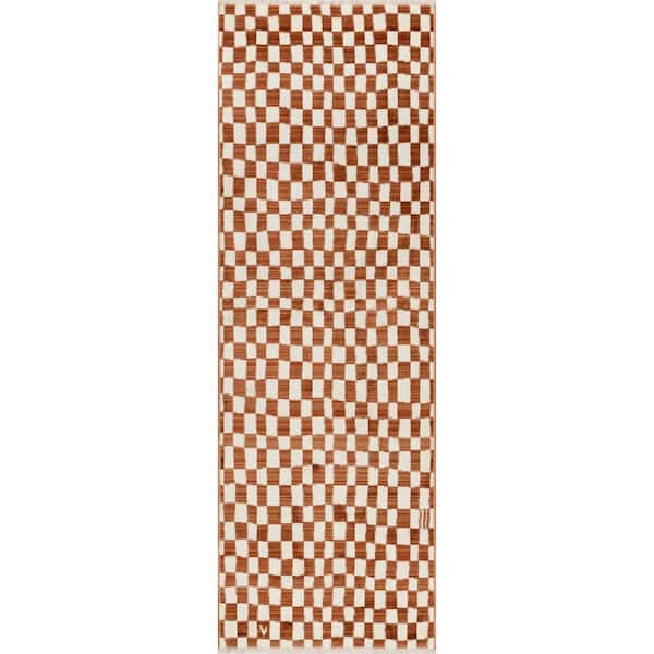 Dominique 2 ft. 6 in. x 10 ft. Orange Abstract Checkered Fringe Area Rug