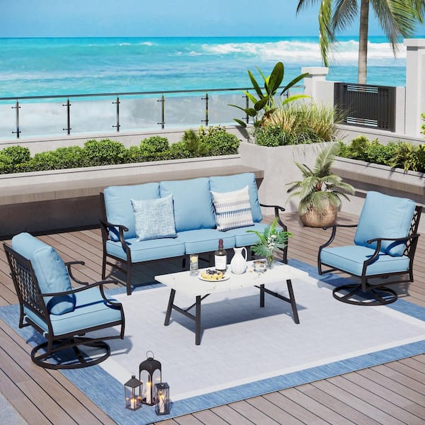 PHI VILLA 5 Seat 4-Piece Metal Steel Outdoor Patio Conversation Set with Blue Cushions, Swivel Chairs and Marble Pattern Table
