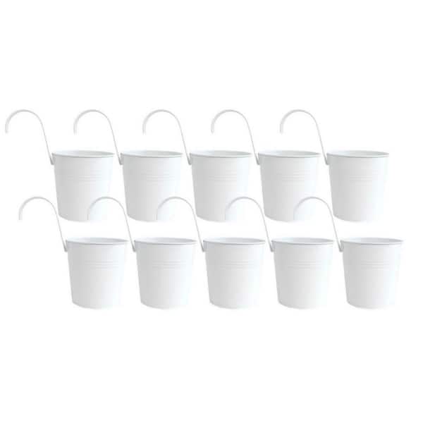 10 Pcs Fence Planters,Metal Hanging Pots Plant Holder with Detachable Hook & Drainage,White