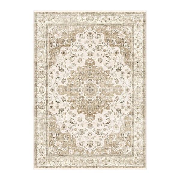 8 ft. x 10 ft. Light Khaki Vintage Washable Area Rug for Living Room, Soft Stain Resistant Carpet with Non-Slip Backing