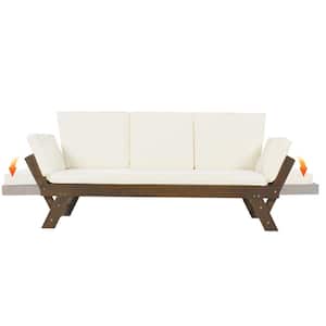1-Piece Acacia Wood Outdoor Day Bed Sofa, Patio Side-Expandable Chaise Lounge, Adjustable Wooden Sofa with Beige Cushion