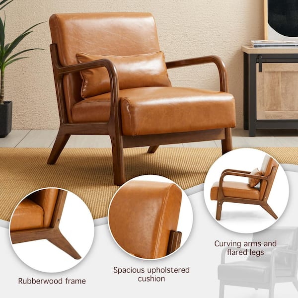 Glitzhome 30 in. Mid-Century Modern Yellow Brown Faux Leather Arm