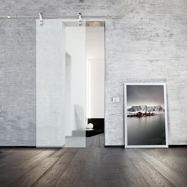 33 in. x 84 in. Glass Glacier Frosted Barn Door Slab and Hardware Kit